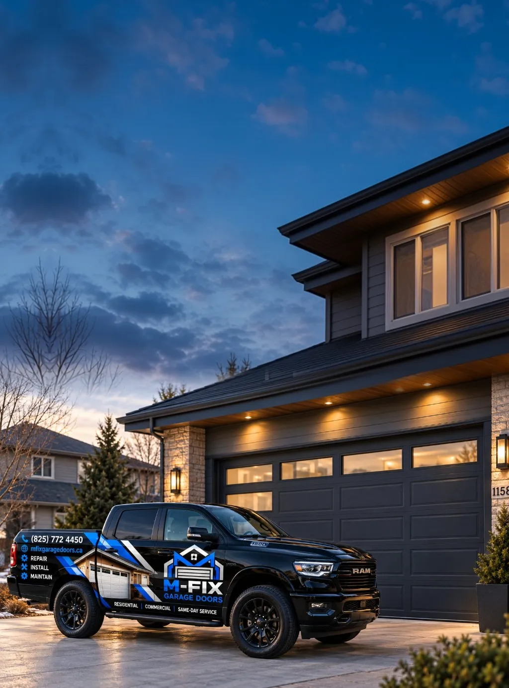 M-FIX Garage Doors service truck parked in front of a large residential garage door at dusk