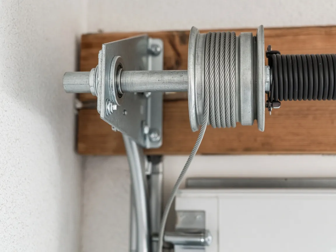 Garage door lift cable wound on a cable drum beside the torsion spring