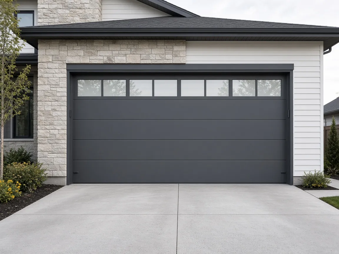 New charcoal insulated garage door with a row of windows on a modern home