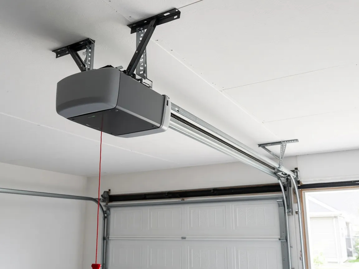 Ceiling-mounted garage door opener with rail and emergency release